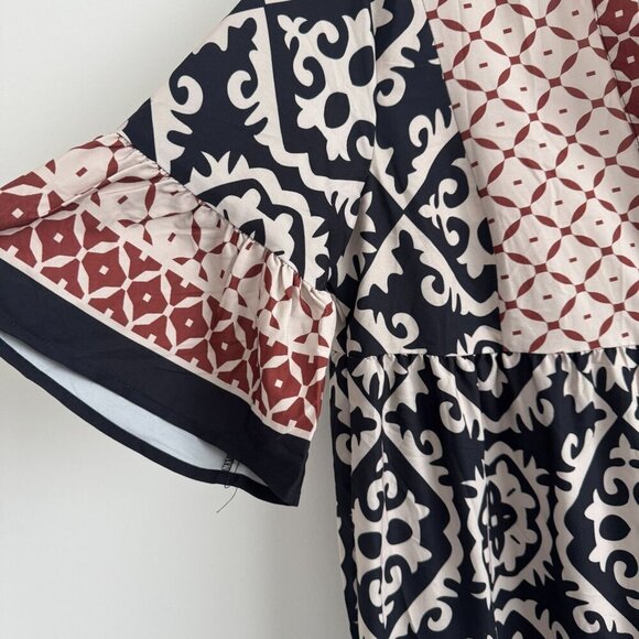 Shein Women Bohemian Short Sleeve Black & Beige Printed Maxi Dress Size L - Picture 7 of 9